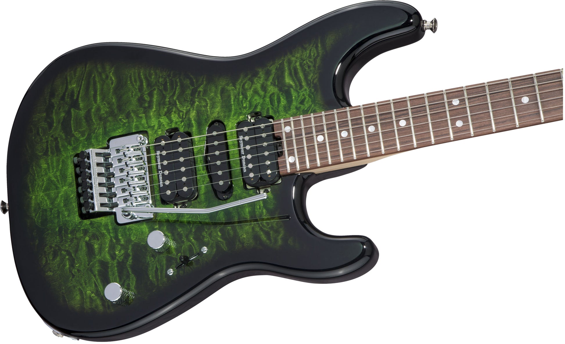 Charvel MJ San Dimas Style 1 HSH FR QM PF Guitarra Eléctrica Transparent Green Burst 5