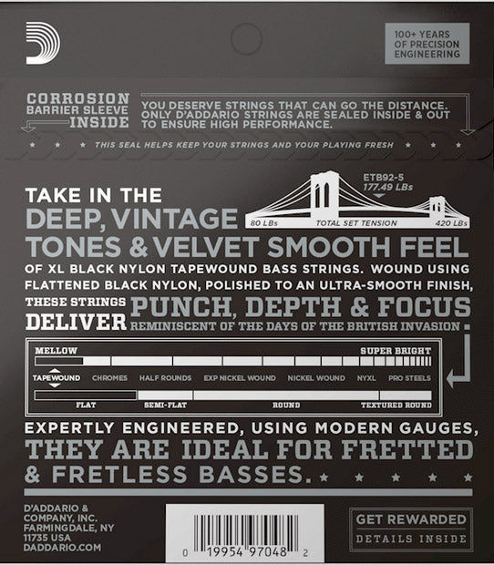 DAddario ETB92-5 Juego 5 Cuerdas Bajo Eléctrico Escala Larga 50-135 2