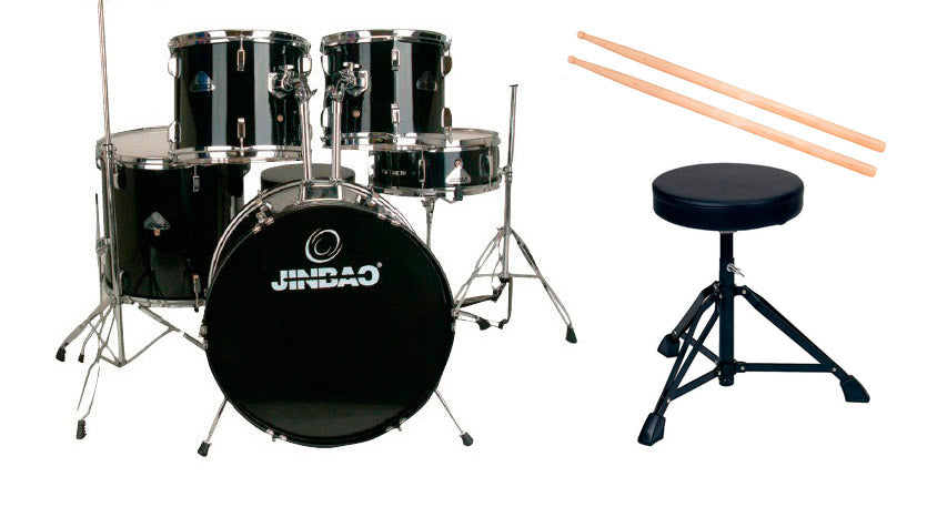 Jinbao -Pack- Iniciación Batería Acústica PO208BK Negra + Asiento y Baquetas 1