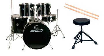 Jinbao -Pack- Iniciación Batería Acústica PO208BK Negra + Asiento y Baquetas 1