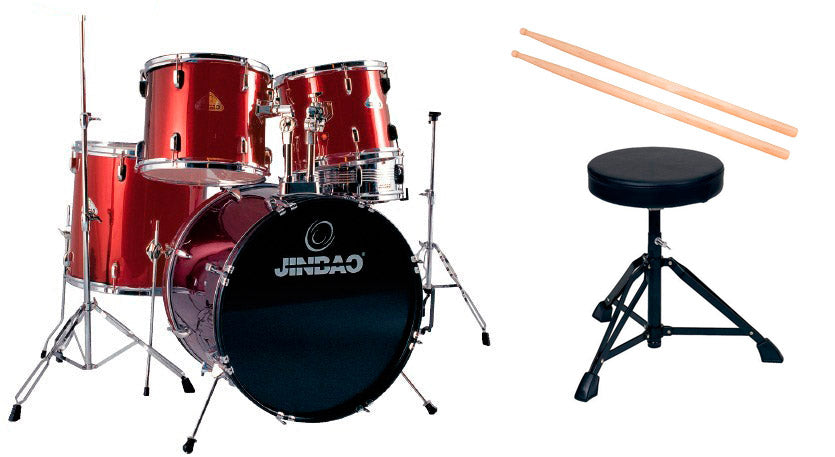 Jinbao -Pack- Iniciación Batería Acústica PO208RD Roja + Asiento y Baquetas 1