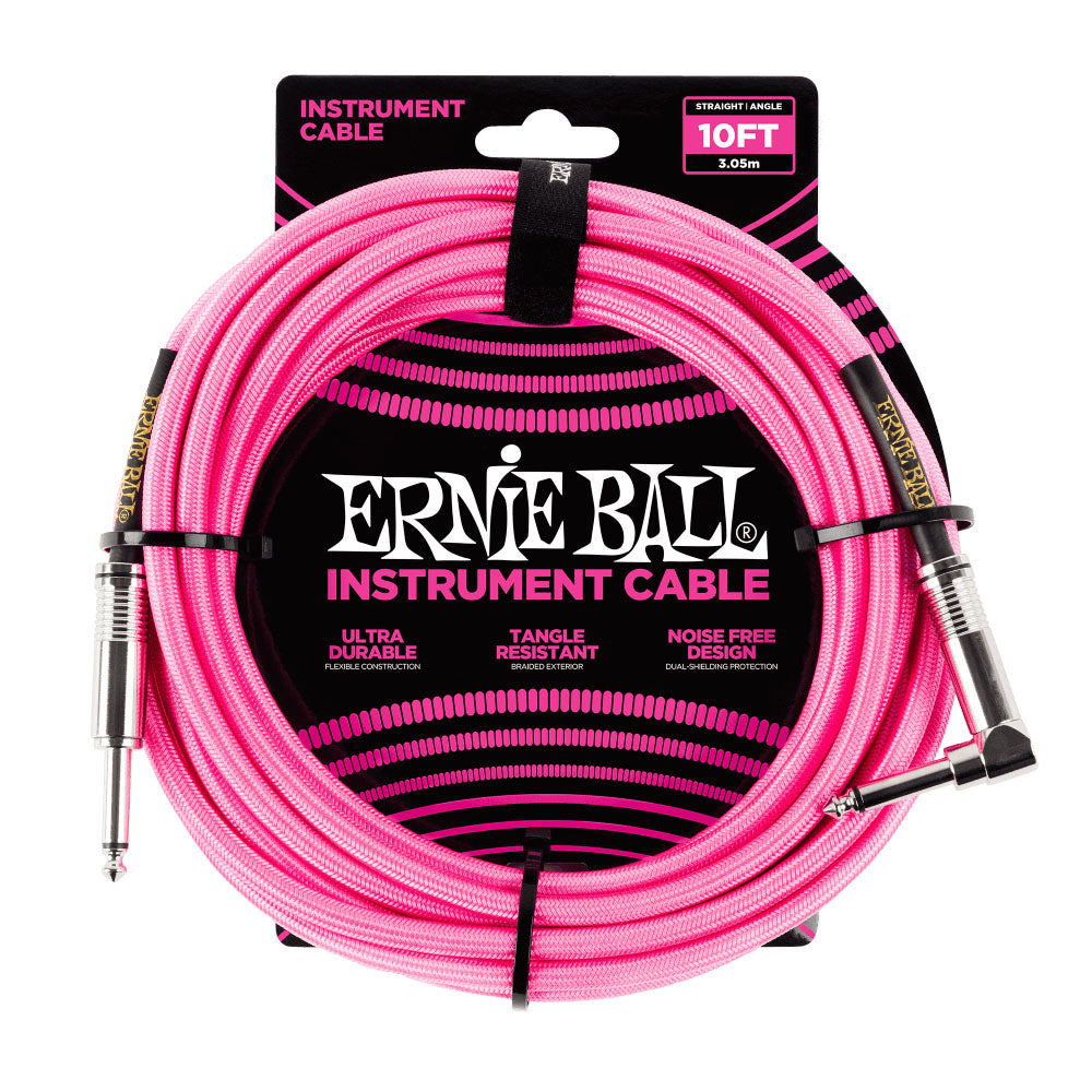 Ernie Ball EB6078 Cable Instrumento Trenzado Jack Recto Acodado 3 Metros Rosa Neón 1