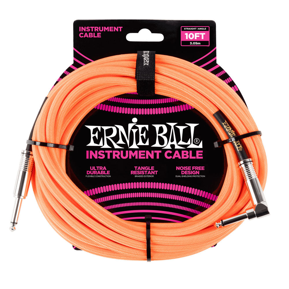 Ernie Ball EB6079 Cable Instrumento Trenzado Jack Recto Acodado 3 Metros Naranja Neón 1