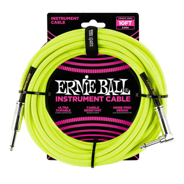 Ernie Ball EB6080 Cable Instrumento Trenzado Jack Recto Acodado 3 Metros Amarillo Neón 1