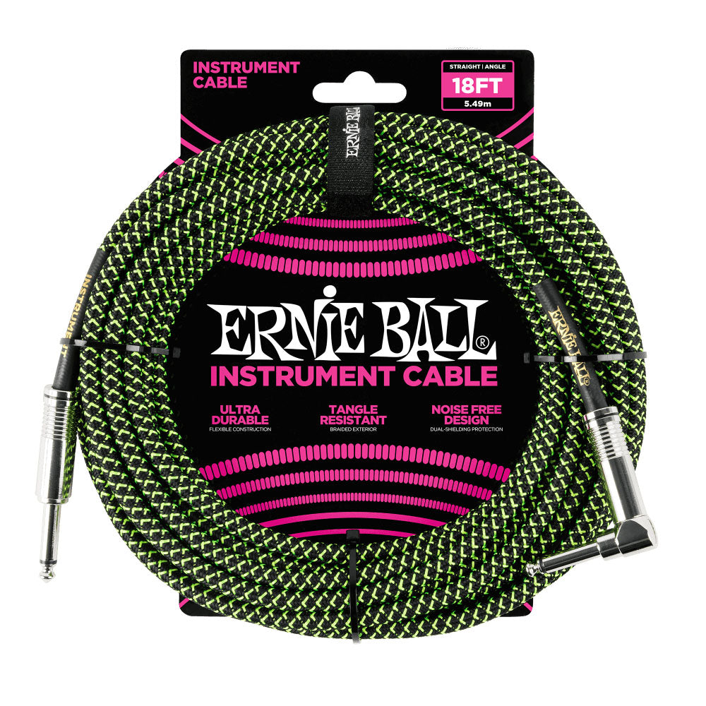 Ernie Ball EB6082 Cable Instrumento Trenzado Jack Recto Acodado 5.5 Metros Negro y Verde 1