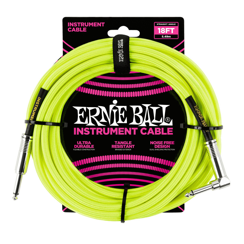 Ernie Ball EB6085 Cable Instrumento Trenzado Jack Recto Acodado 5.5 Metros Amarilla Neón 1