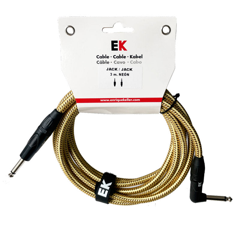 Auvisa SFJJ0133N2 Cable Instrumento Jack Recto Jack Acodado Neón Tela Trenzada Dorada 3 metros 1