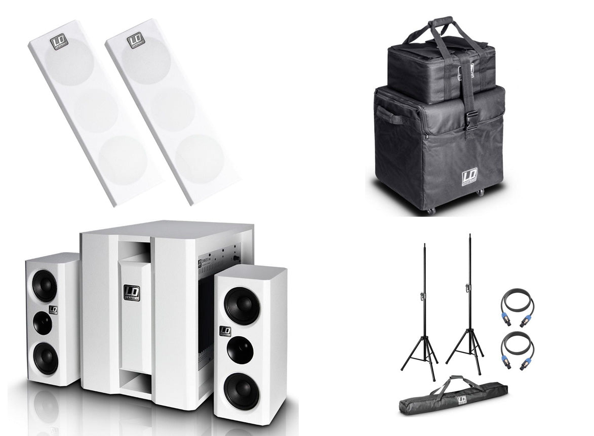 LD Systems -Pack- DAVE8 XS W Plus Sistema Multimedia Portátil Blanco + Fundas y Accesorios 1